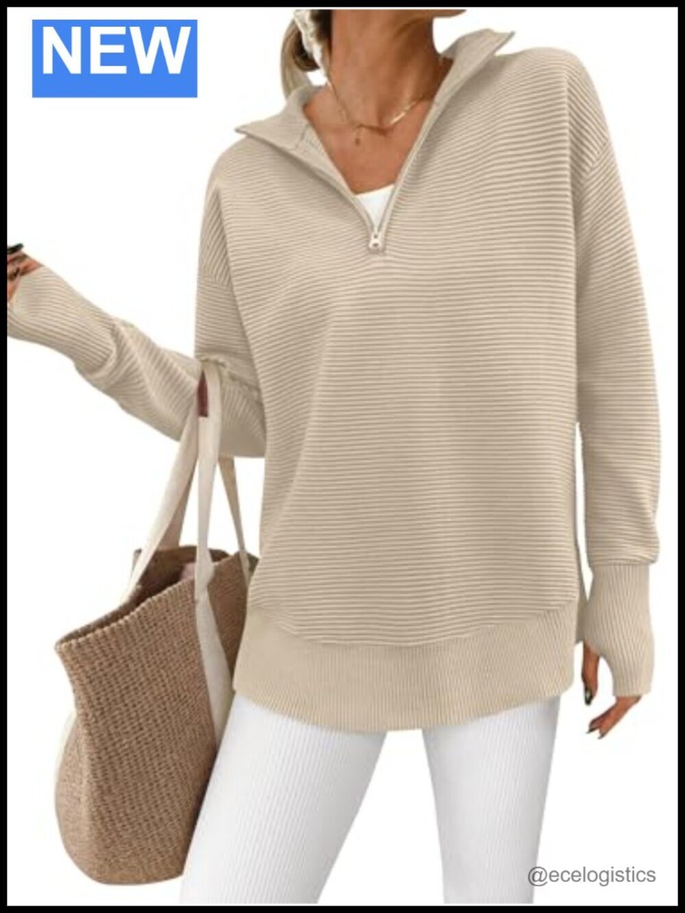 Long Sleeve Quarter Zip Pullover Sweater V Neck Ribbed Knit Tunic Thumb Hole